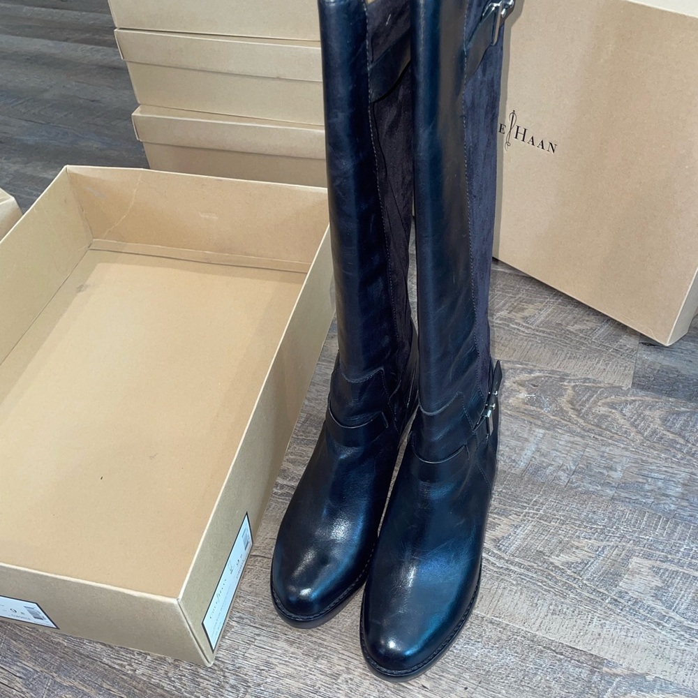 Cole Haan Black Leather and Suede Knee-High Wedge Boots - Picture 7 of 10